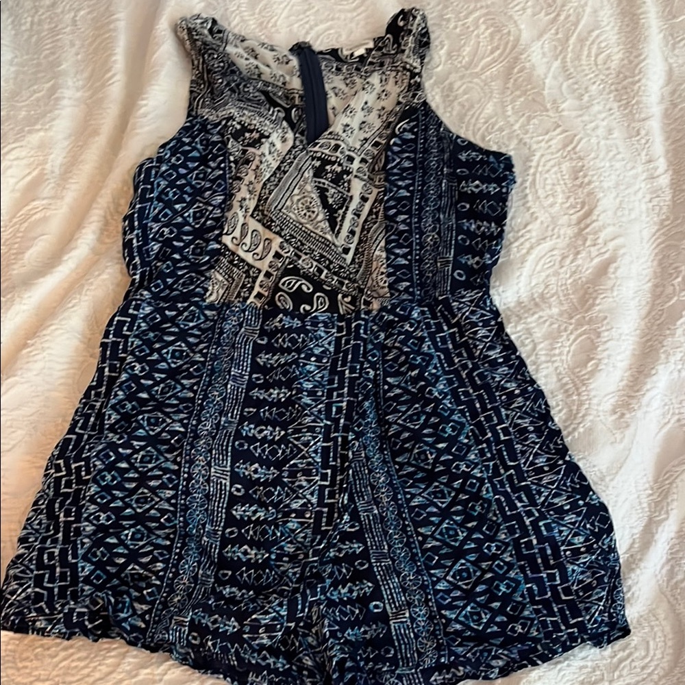 Blue Patterned Sleeveless Romper